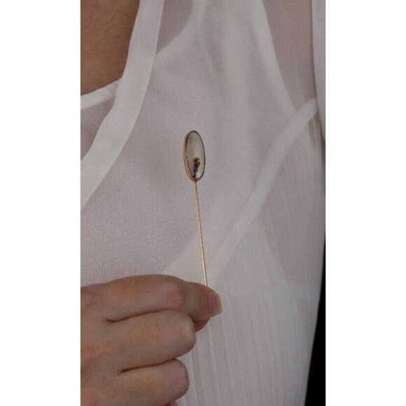 10k Yellow Gold Antique Moss Agate Stick Pin Hat Pin - Picture 3 of 8